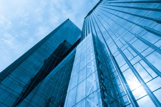 Looking,Up,Blue,Modern,Office,Building