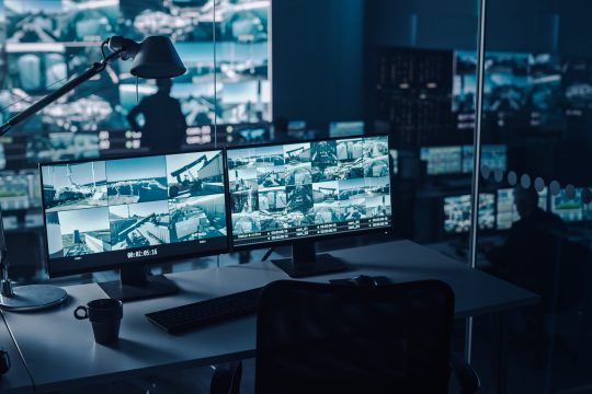 Two,Digital,Computer,Screens,With,Surveillance,Cctv,Video,In,A