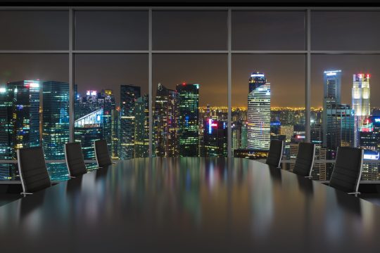 Conference,Room.,Modern,Office,With,Windows,And,City,View.,Night